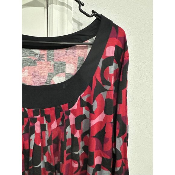 A.N.A A New Approach Geometric 3/4 Sleeve Top Red Black Sz 2X Scoop Neck Pleated - Picture 6 of 10